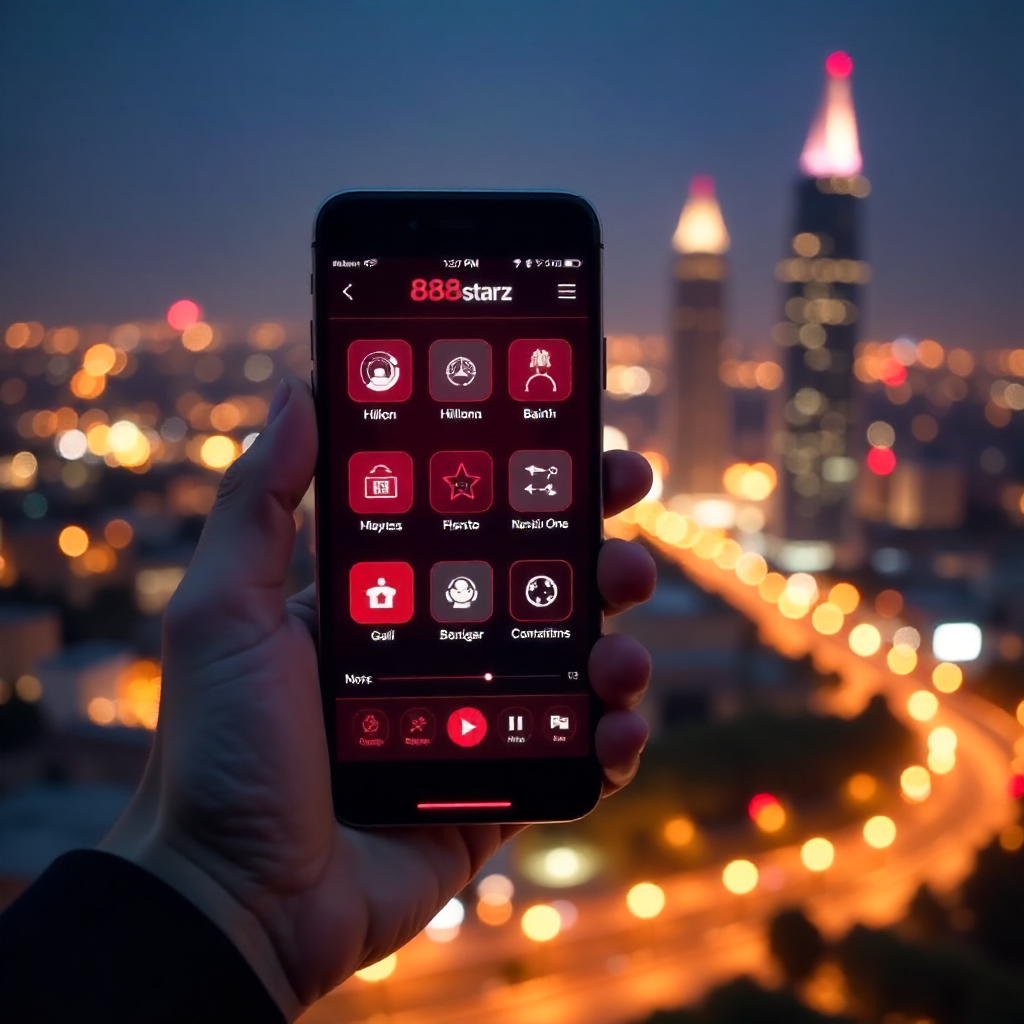 A hand holding a luxury smartphone displaying the official 888starz Uzbekistan app with a sleek red and black interface, background is the Tashkent City skyline with the Hilton and Nest One towers at night, vibrant golden and red bokeh lights, 3D golden c